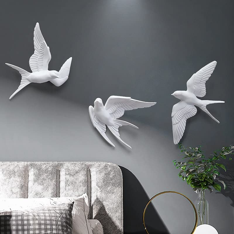 vijian 3D Swallow Birds Wall Sculpture Flying Birds Wall Mount Hanging Animal Home Wall Art Sculpture, White Swallows In Flight Of 3 Set