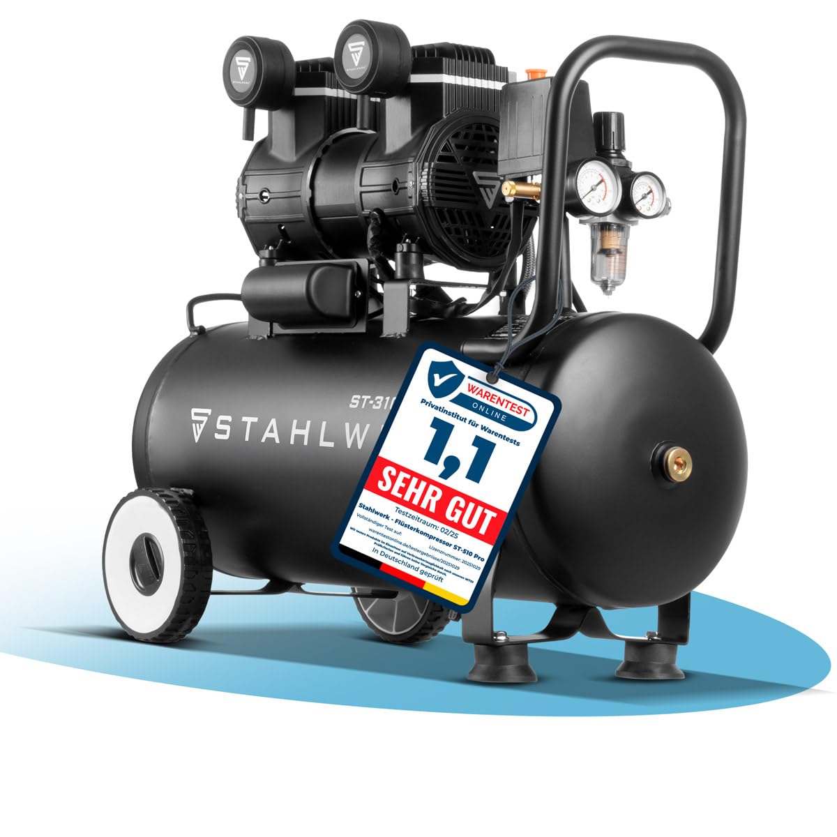 STAHLWERK ST-310 Pro Flüsterkompressor 30 L Tank ölfrei & leise 10 bar 2,1 PS 1,6 kW 210 l/min Druckluftkompressor