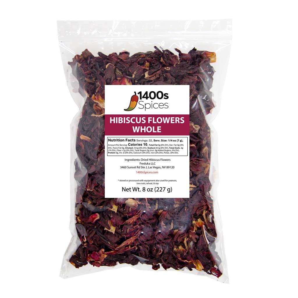 8oz Dried Hibiscus Flowers perfect for Tea and Mexican Agua Fresca, Flor de Jamaica, Whole Flowers and Petals by 1400s Spices