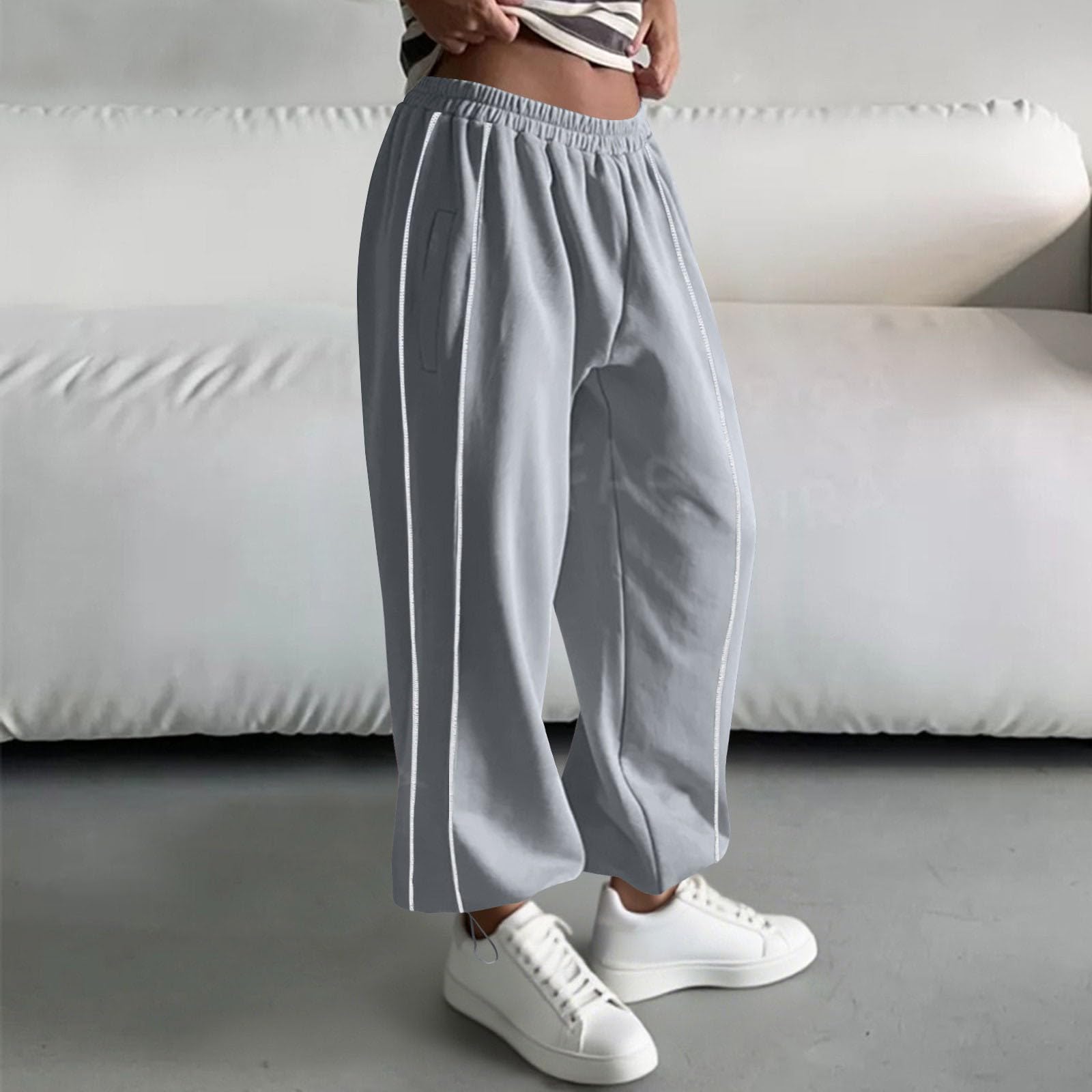 Générique Pantalons Fluide Tendance Femme Mi-Saison Ample Coupe Droit Pantalon Taille Haute Élastique Couleur Unie Urbain Street Décontracté Chic Pants Vêtements Loisir