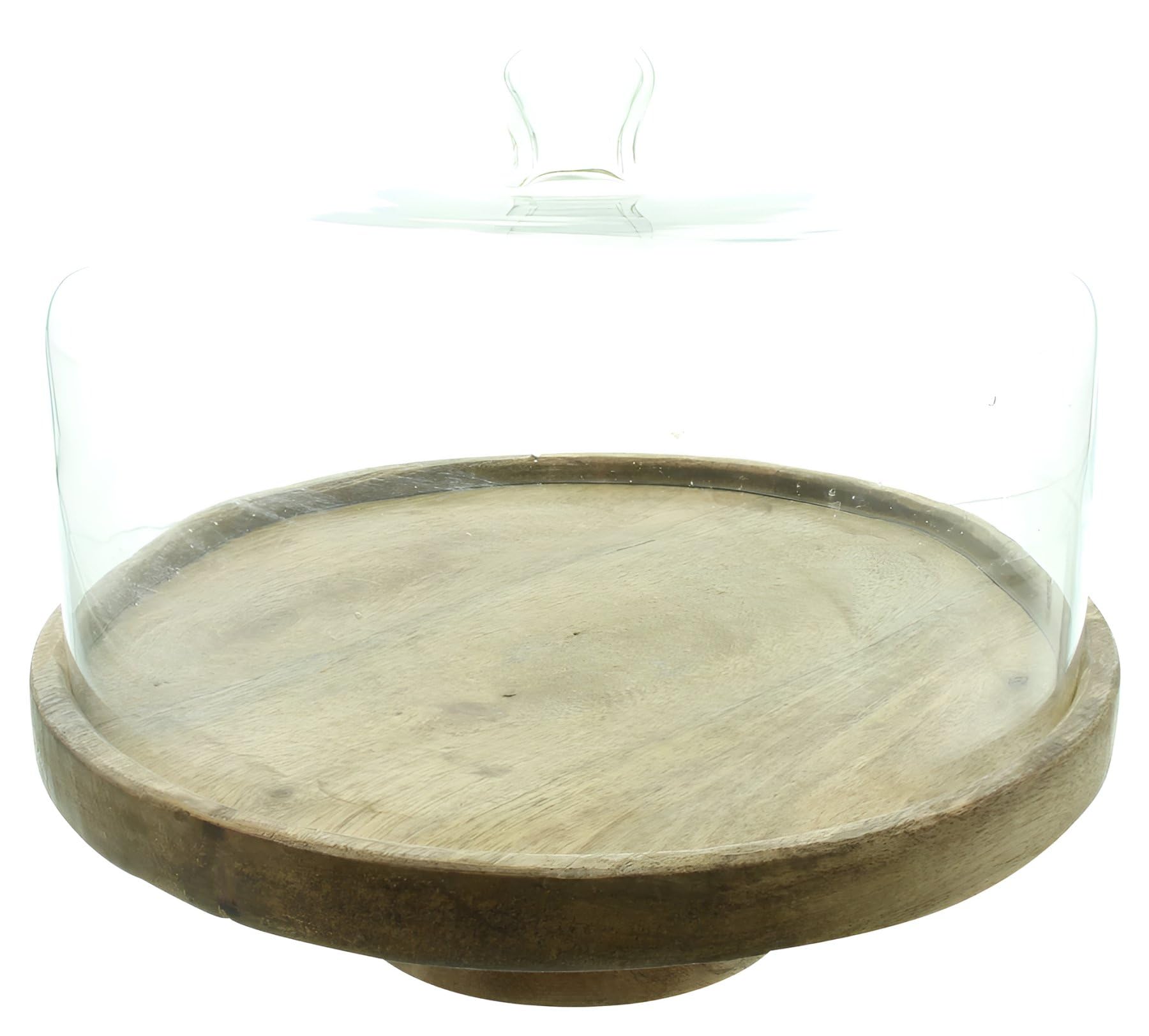 Dekoleidenschaft Servierplatte Rund aus Mangoholz mit Haube aus Glas, Käseglocke, Holzteller mit Glasglocke, Servierbrett