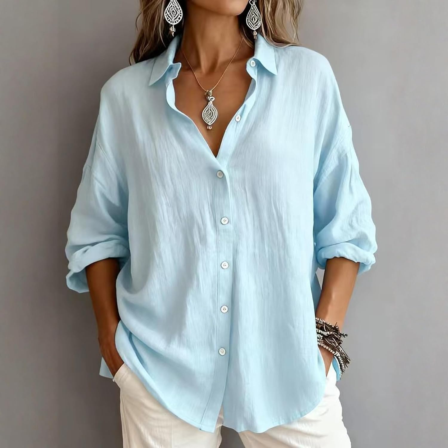 Long Sleeve Shirts for Women Cotton Linen Button Down Shirts Blouses Casual Dressy Solid Tunic Tops