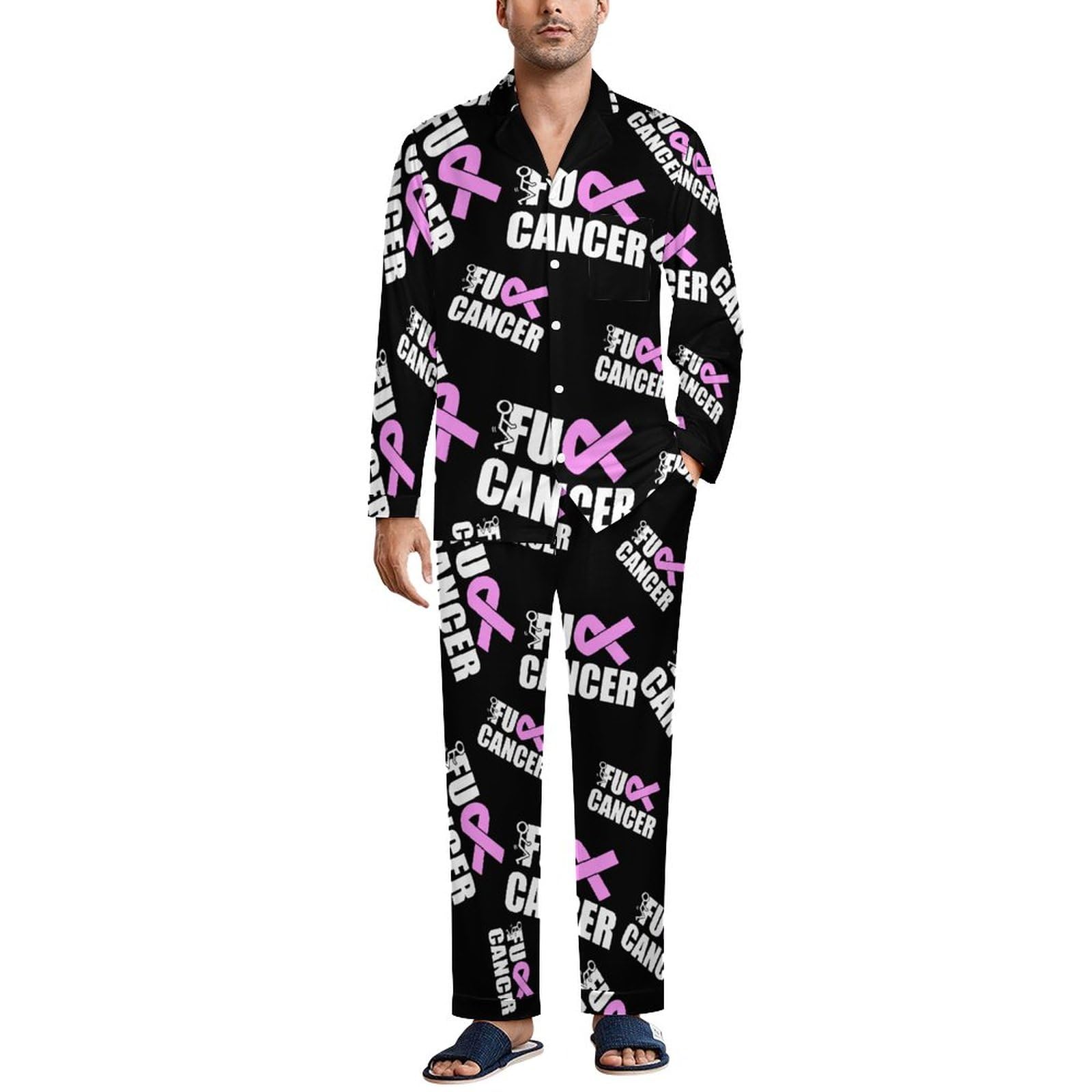 Fuck Cancer Funny Men's Pajamas Set Soft Loungewear Pjs Long Sleeve Cuban Shirt with Pajama Pants L