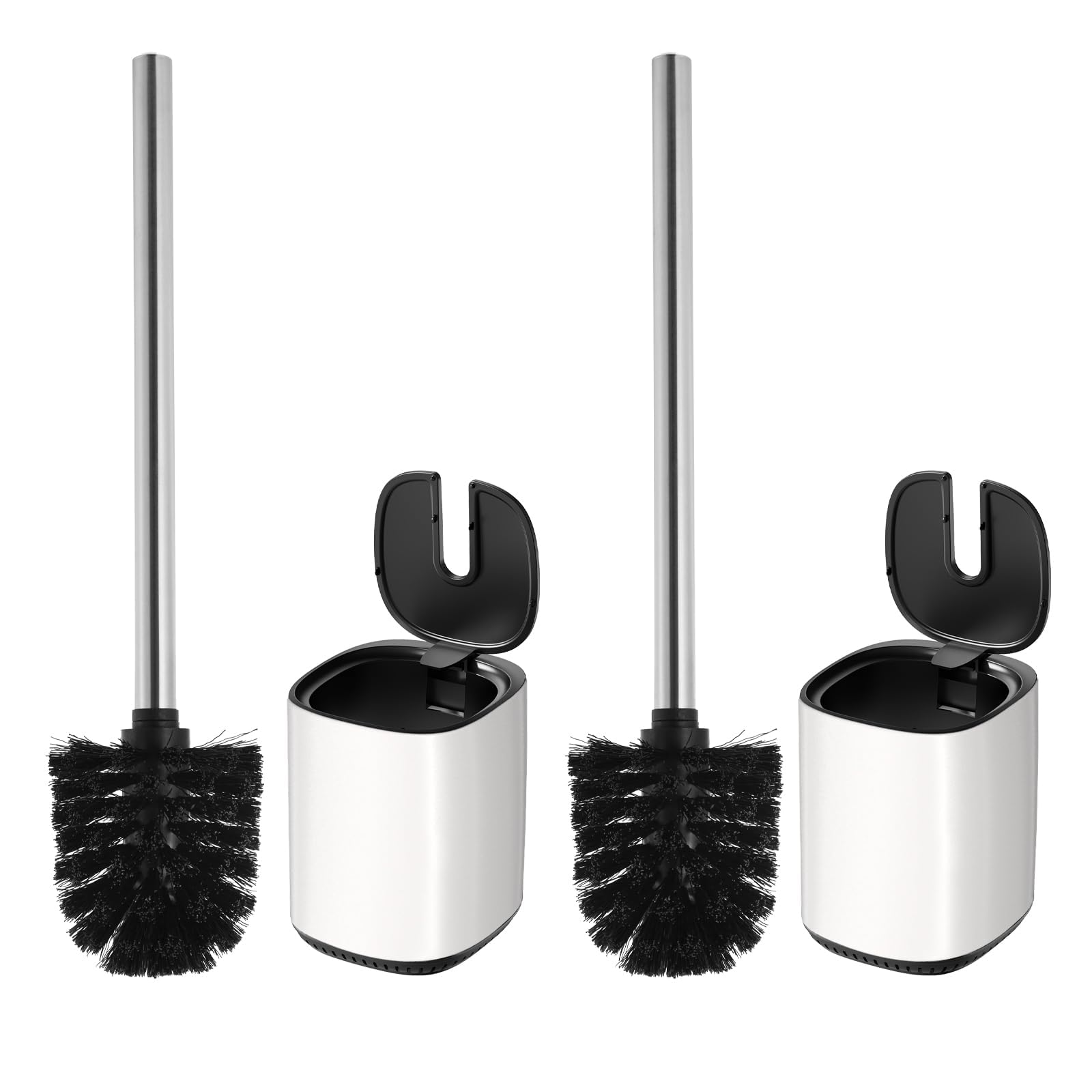 Sleek Toilet Brush Holder Set Toilet Bowl Brush Stainless Steel Automatic Open lid Toilet Bowl Cleaner Brush with Durable Bristle Head Toilet Cleaning Brush for Bathroom (2, white)