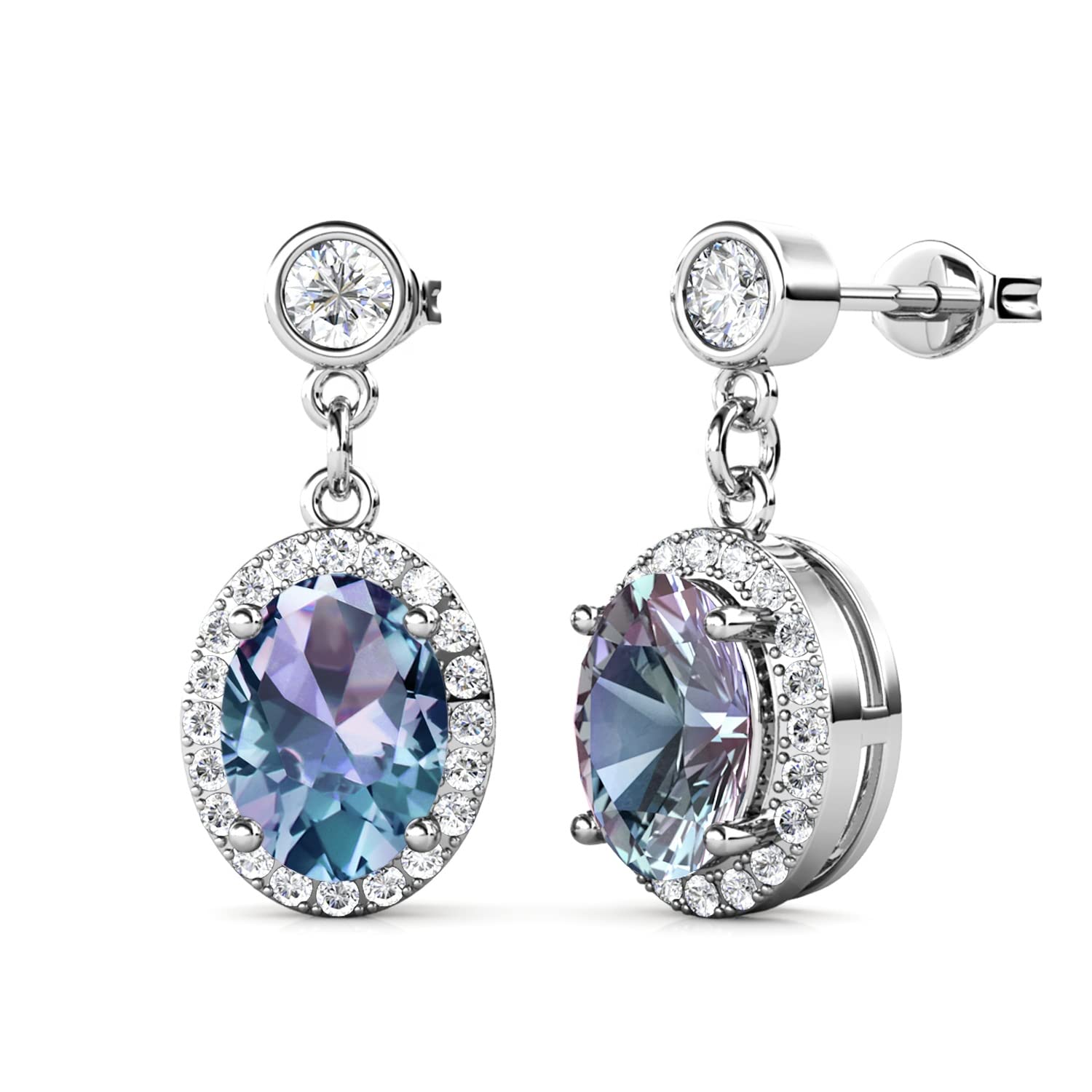 VEMAZAColor Change Alexandrite Earrings 925 Sterling Silver June Birthstone Round Cut Oval Cut Halo Hypoallergenic Drop Dangle Stud Simulated Created Alexandrite Earrings for Women
