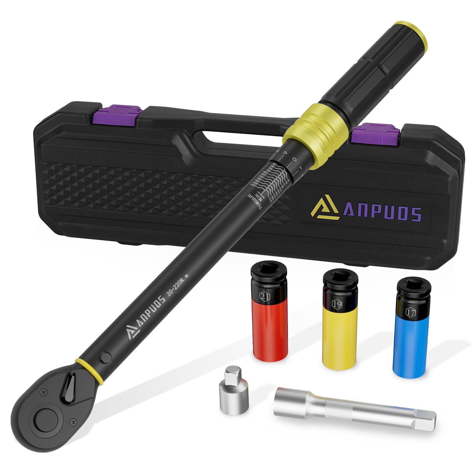 ANPUDS Drehmomentschlüssel Auto 1/2 Zoll, 20-220 Nm Drehmoment 6-tlg. Set | Torque Wrench Set mit 125 mm Verlängerungsstange, 1/2"-3/8" Adapter & Stecknüssen (17/19/21 mm) für Reifenwechsel & Motorrad
