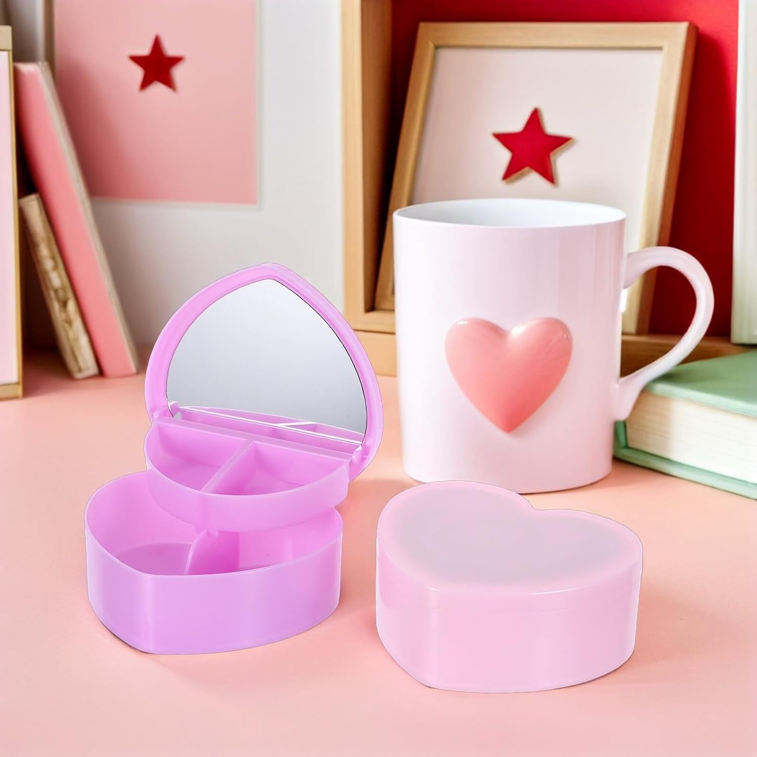 2pcs Heart-shaped Jewelry Box with Mirror for Double-layer Childrens Jewelry Organizer for Hair Accessories and Small Storage Pink and Purple Mini Trinket Case for Tweens and Teens
