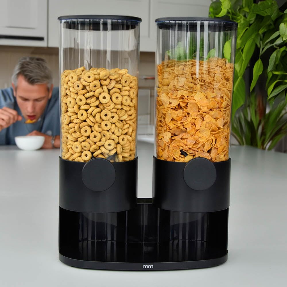 mikamax Dispenser di Cereali 2×3L - Dispenser di Design per Cornflakes, Muesli e Cereali per la Colazione - Doppio Contenitore Trasparente - Igienico e Salvaspazio
