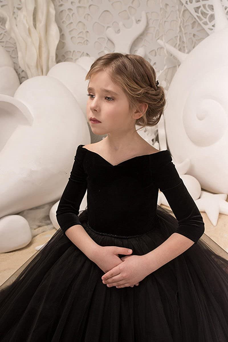 Vestidos Negros de niña de Las Flores para la Boda Vestido de Fiesta Infantil con Apliques de Tren para niñas