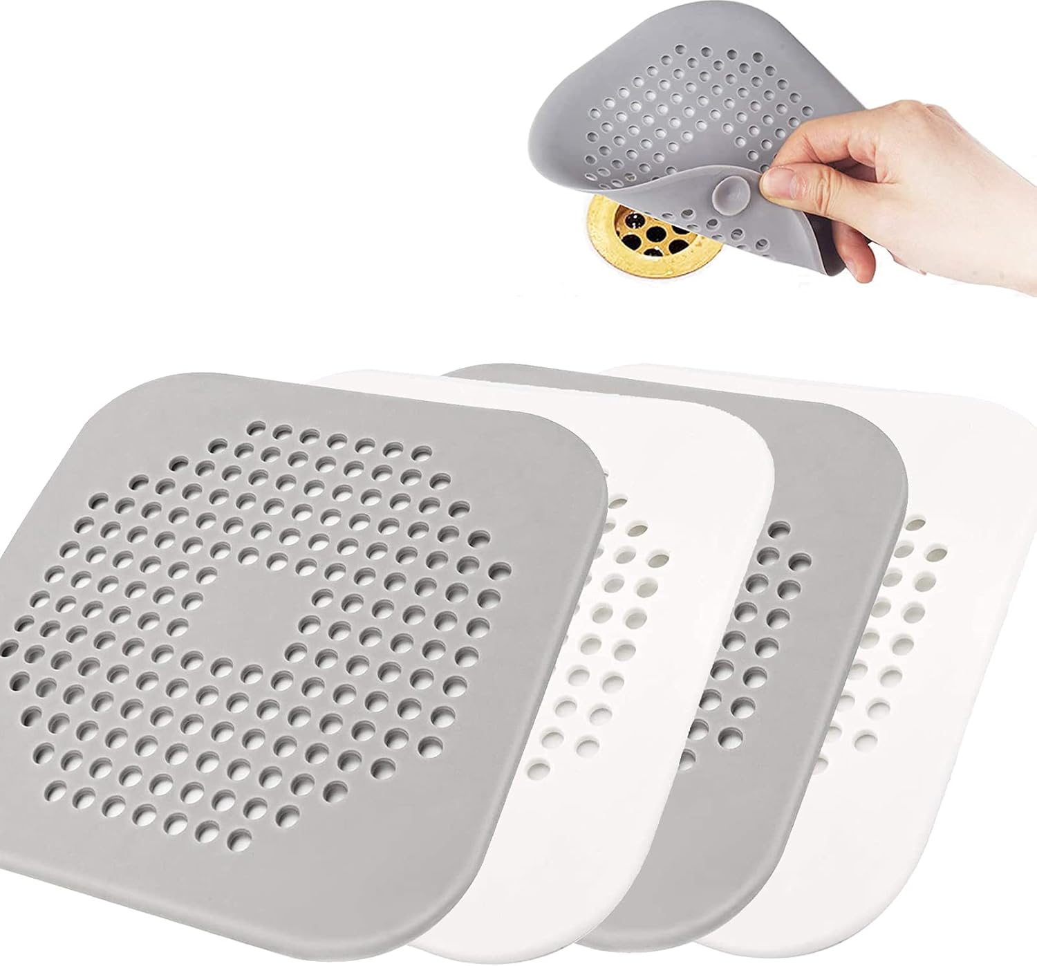 Hair Catcher,Square Drain Cover Silicone Drain Tub Stopper,for Bathtubs & Showers,Filter Shower Drain Protection Flat Strainer Stopper with Suction Cups for Kitchen Sinks (2 Grey + 2 White)