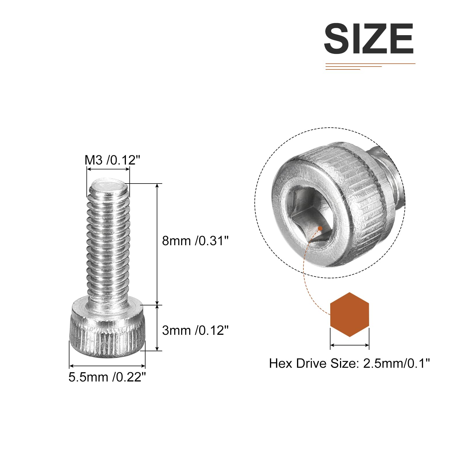 DTGN M3x8mm Socket Head Cap Screws Bolts, 50Pcs 304 Stainless Steel 18-8, Metric Machine Hex Socket Screw, Hex Drive - Image 2