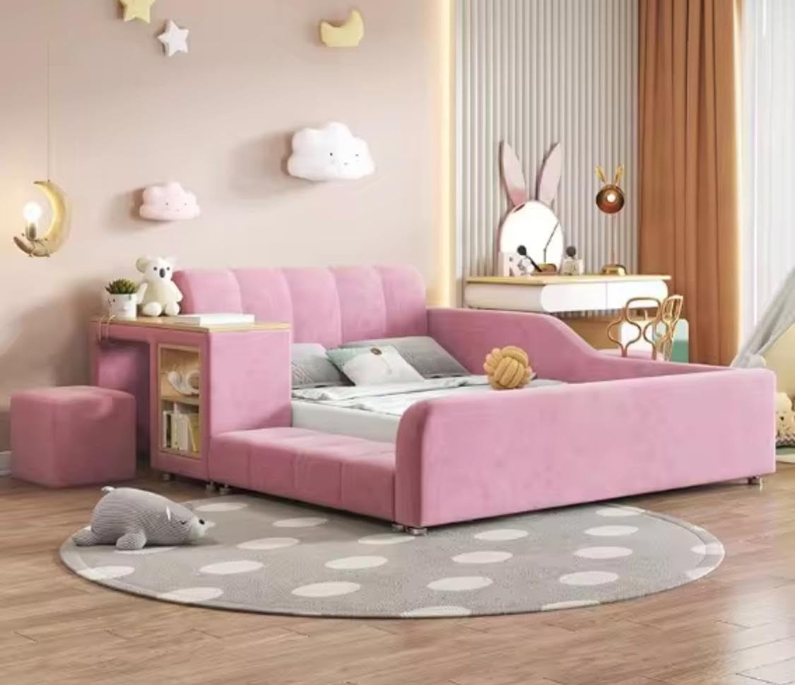 Cozy Homes Modern Platform Bed Frame with Side Desk Storage Shelf with Square Stool, Velvet Upholstered, Mattress Not Included (pink 150x200 cm)