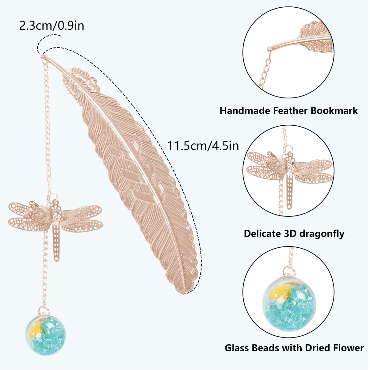 Vintage Metal Bookmark with 3D Dragonfly Pendant - Gift for Women Readers, Teachers (Blue), Rosegold Feather Blue Ball - Image 2