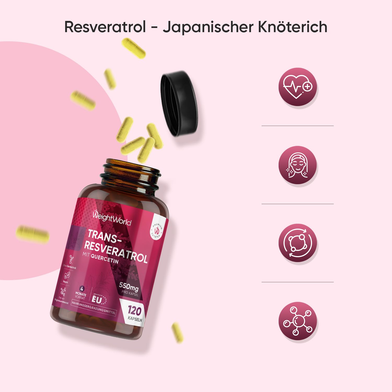 Trans - Resveratrol mit Quercetin 550 mg - 98% Reinheit aus japanischem Knöterich - 4 Monate Vorrat - 120 vegane Kapseln - 1 Kapsel Täglich - Frei von Magnesiumstearat - WeightWorld | 550 mg Trans Resveratrol 98% und Quercetin-Komplex, japanisches Polygon