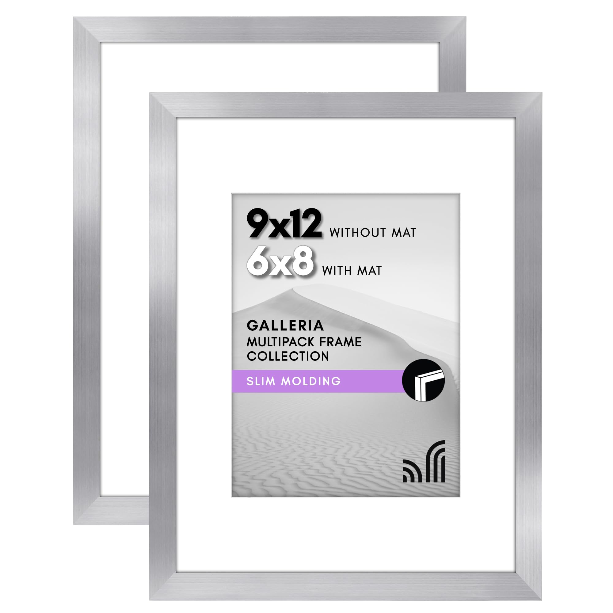 Americanflat 9x12 Picture Frame Set of 2 in Silver - Use as 6x8 Picture Frame with Mat or 9x12 Frame Without Mat - Collage Picture Frames with Plexiglass Cover for Horizontal or Vertical Display