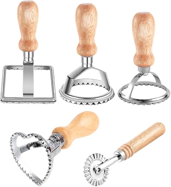 5Pcs Ravioli Stamp Set, Ravioli Cutters with Wooden Handle and Fluted Edge Pastry Cutter Dumpling Maker for Making Ravioli, Empanadillas or Cookies