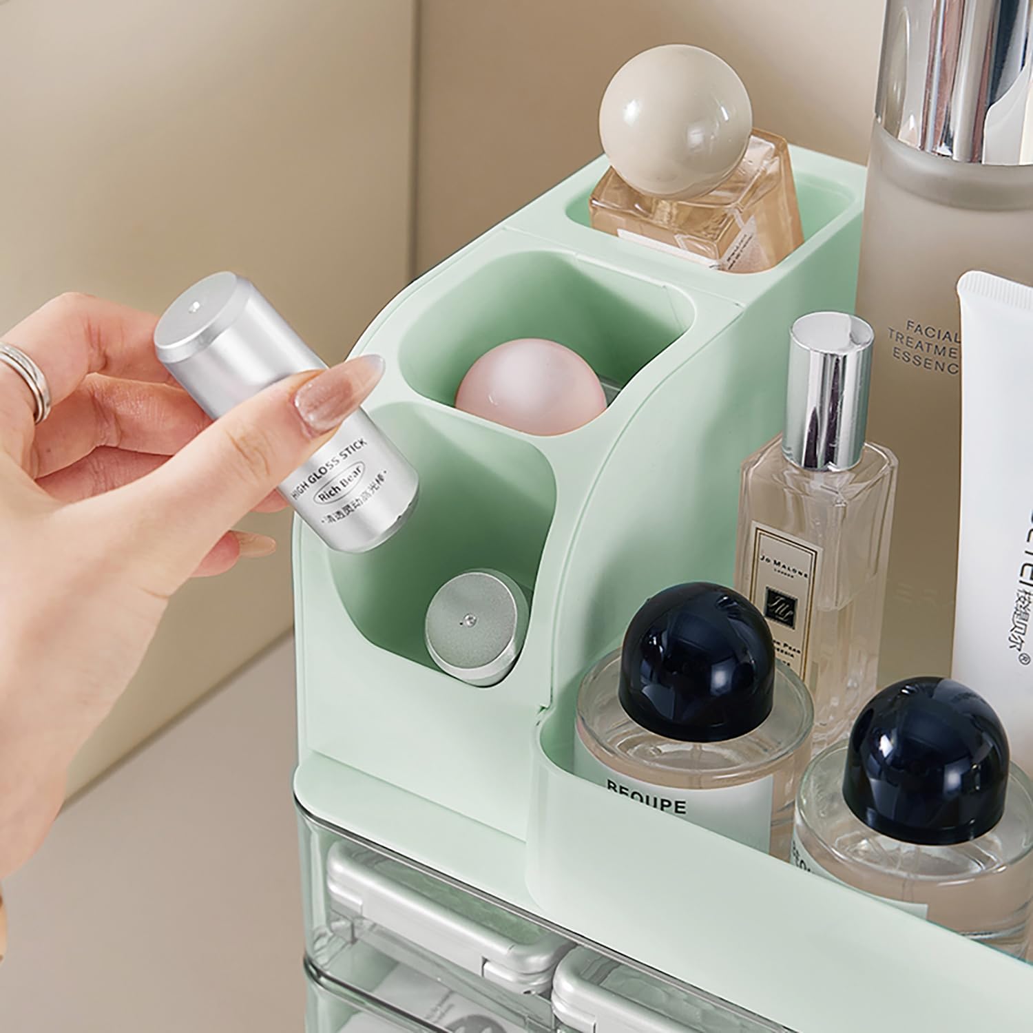 Makeup Organizer with Drawers for Vanity,Bathroom Countertop Organizer with Brushes Holder,Skincare Storage Organizer,Perfect Cosmetic Display Case for Skincare,Lipstick and Beauty Essential (Green)