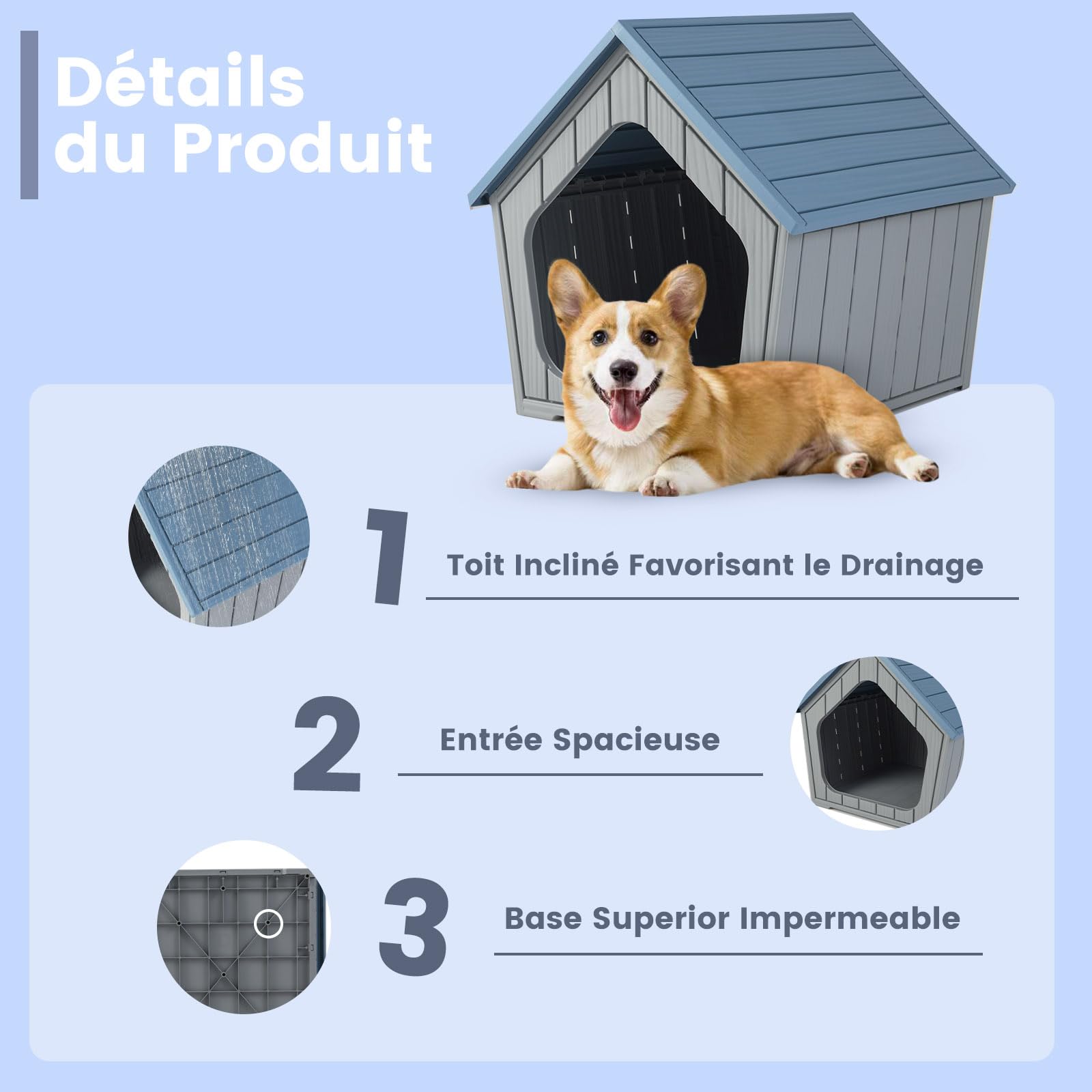 GOPLUS Niche pour Chien Exterieur/Interieur, Niche Chien avec Toit en Pente, Ouvertures de Ventilation, Base Surélevée Résistante à l'Eau, 59,5 x 57 x 58cm pour Chiens de Petites Tailles, Bleu et Gris