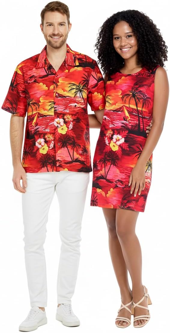 Matchable Couple Hawaiian Luau Men Shirt or Women Tank Dress in Sunset Red