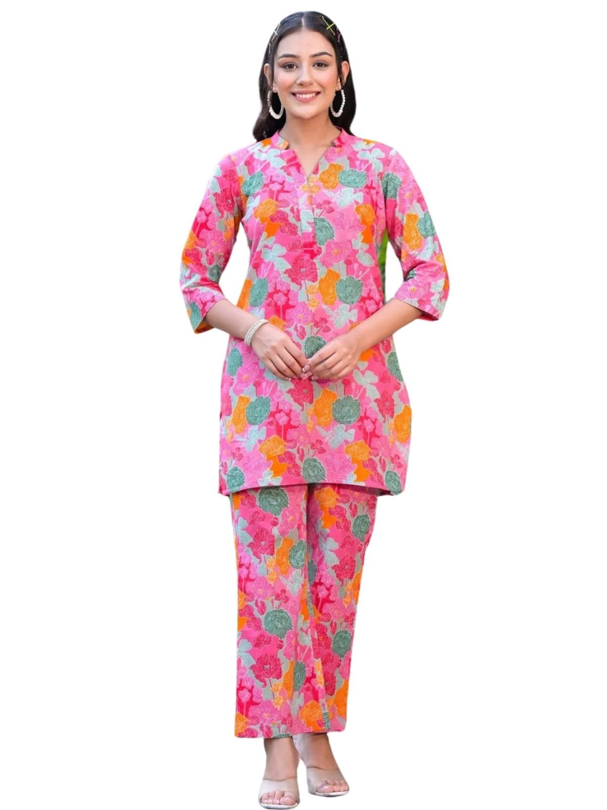 Greciilooks Womens Casual Cotton Blend Solid Regular Fit Co-Ord Set (Peach, Small)