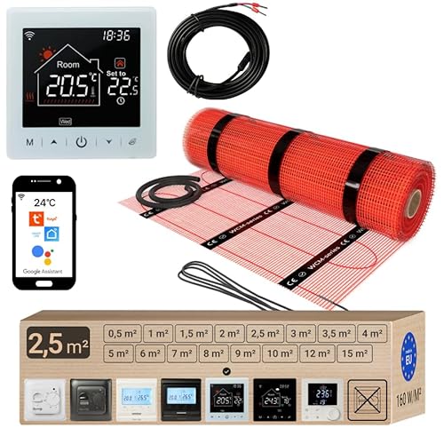 Tapis chauffant Warmcoin™ - Chauffage au sol électrique, auto-adhésif, différentes tailles, 160 W/m² avec au sans thermostat (W100 blanc Thermostat, 2.5m²)