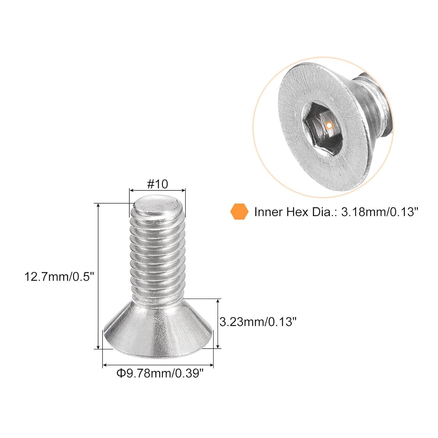 uxcell #10-32x1/2 Flat Countersunk Head Socket Cap Screws, 50Pcs 304 Stainless Steel Hex Socket Flat Head Screws, Full Thread, Countersunk Bolts