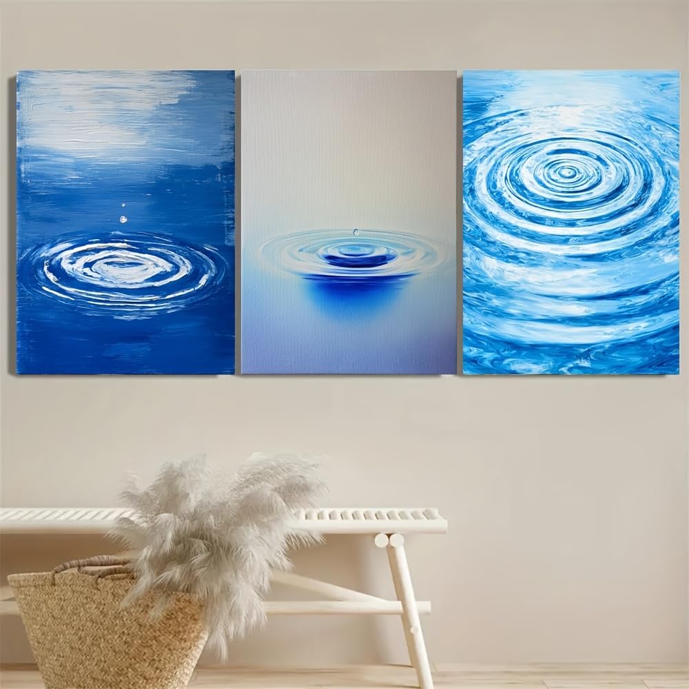 JKEVCBIAX Zen Painting Easy Water Drop Ripple, Blue And White,Modern Minimalist Aesthetic Indoor Wall Decor(50x70cmx3/NO frame)