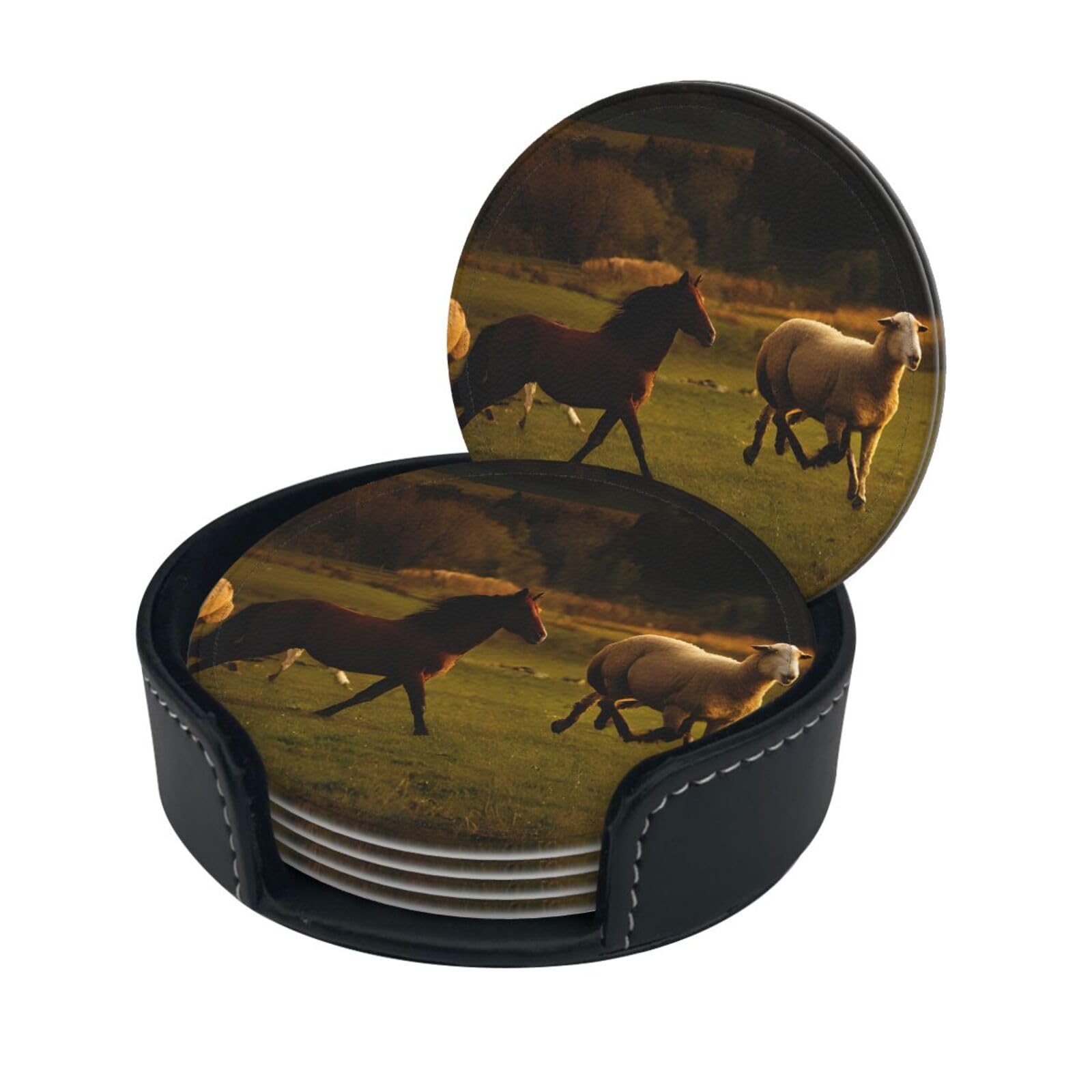 Black Horses Red Glowing Clouds Print Coaster,Round Leather Coasters with Storage Box for Wine Mugs,Cold Drinks and Cups Tabletop Protection (6 Piece)