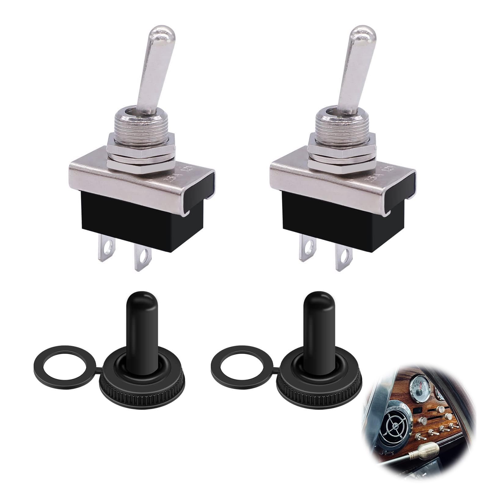 2Pcs KN3(D)-101 Metal Toggle Switch 12V 25A SPST ON/OFF, 2 Pin Waterproof Toggle Switch with Rubber Cover Metal Flick Flip Switch Rocker Switch for Auto Car, Truck, Boat Lamps Control
