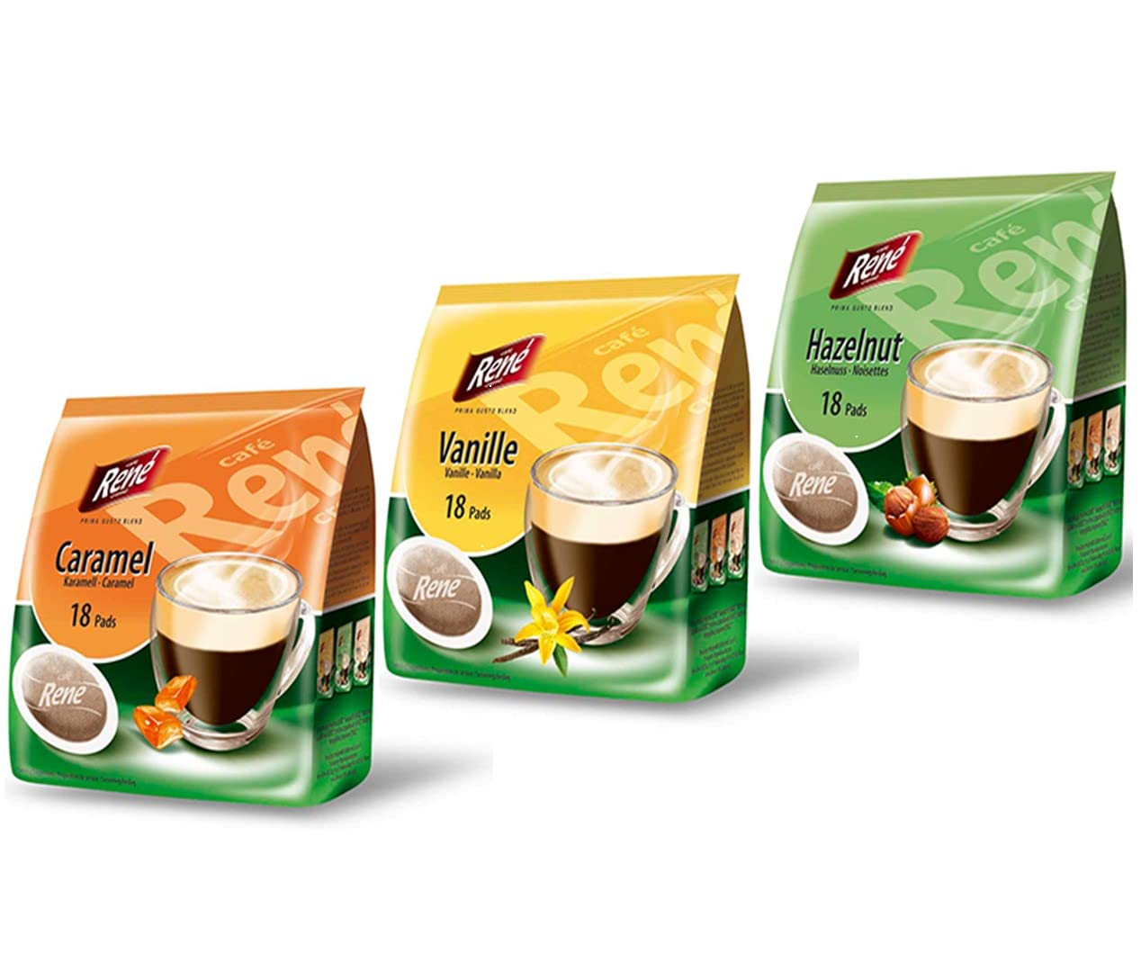 Café Rene Flavoured Coffee for Senseo Machines - CARAMEL, HAZELNUT, VANILLA - 54 Coffee Pads - 18 Per Pack