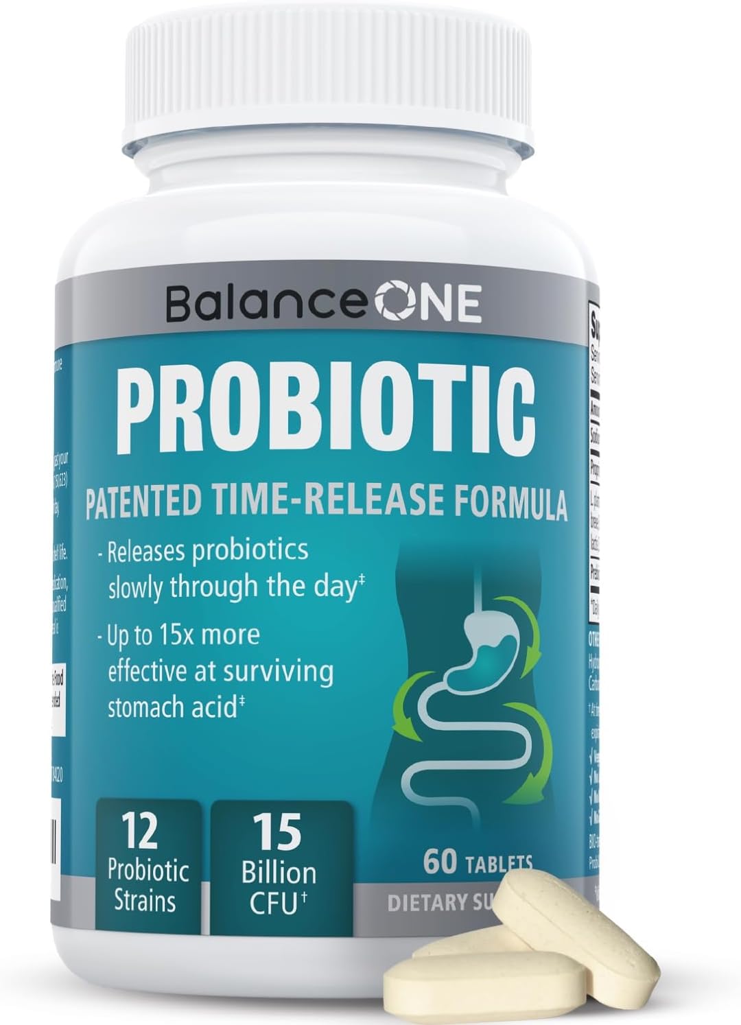 Balance ONE Probiotic, Daily Probiotics for Women & Men, Shelf Stable, 15 Billion CFUs with Prebiotics, 12 Probiotic Strains, Lactobacillus Plantarum Acidophilus & Paracasei, 60 Time-Release Tablets