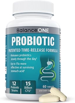 Balance ONE Probiotic for Women & Men, 15 Billion CFU, 12 Strains, 60 Count | Time Release Tablets, Gut Health, Digestive Health, Gas & Bloating Support, 60-Day Supply, 15x More Survival Than Capsules