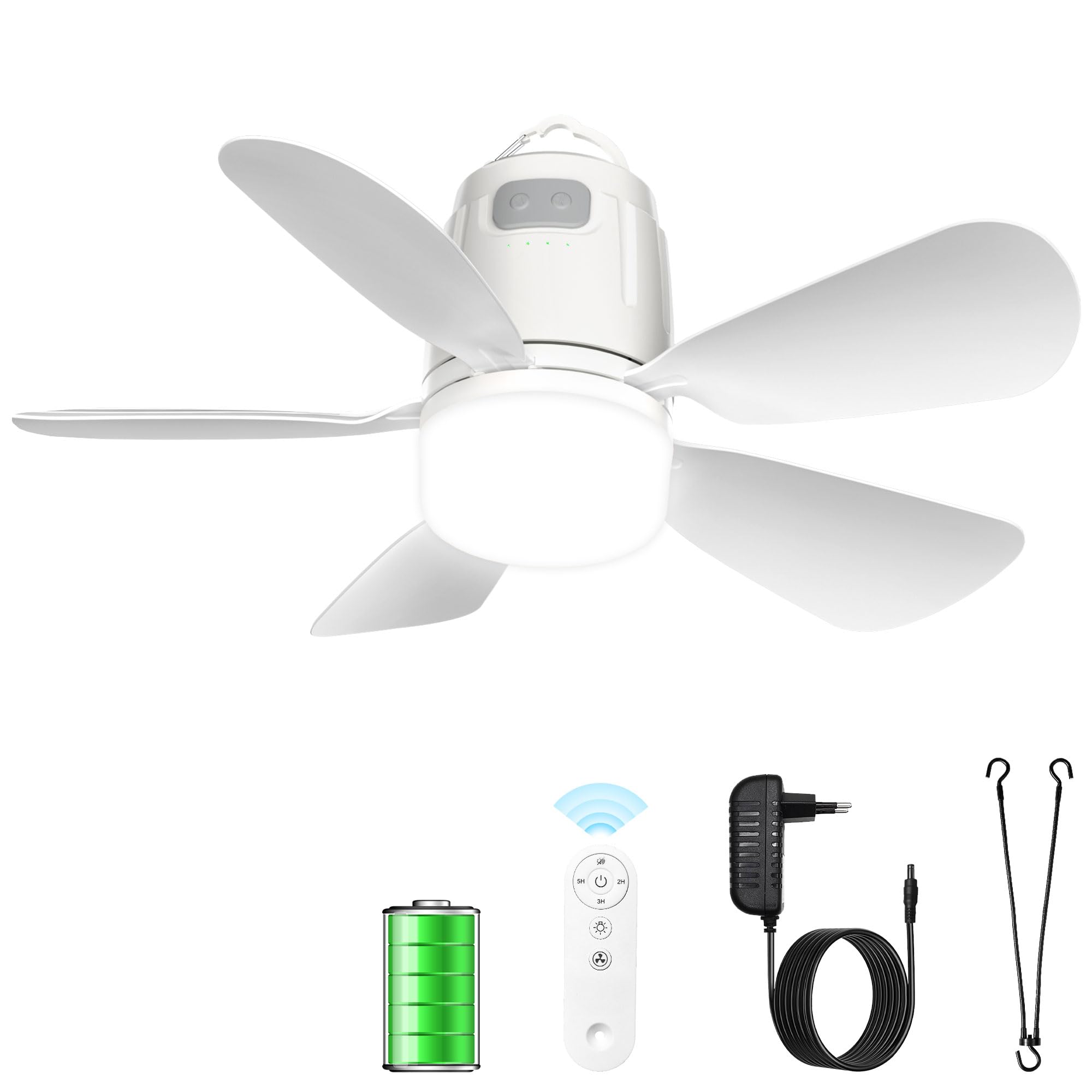 Gliztech Ventilador Techo Exterior 50CM, 20000mAh Ventilador Techo Luz con Batería Blanco, Recargable y Extraíble con Gancho y Mando a Distancia para Cenador, Terraza, Tienda de Campaña, Sombrilla