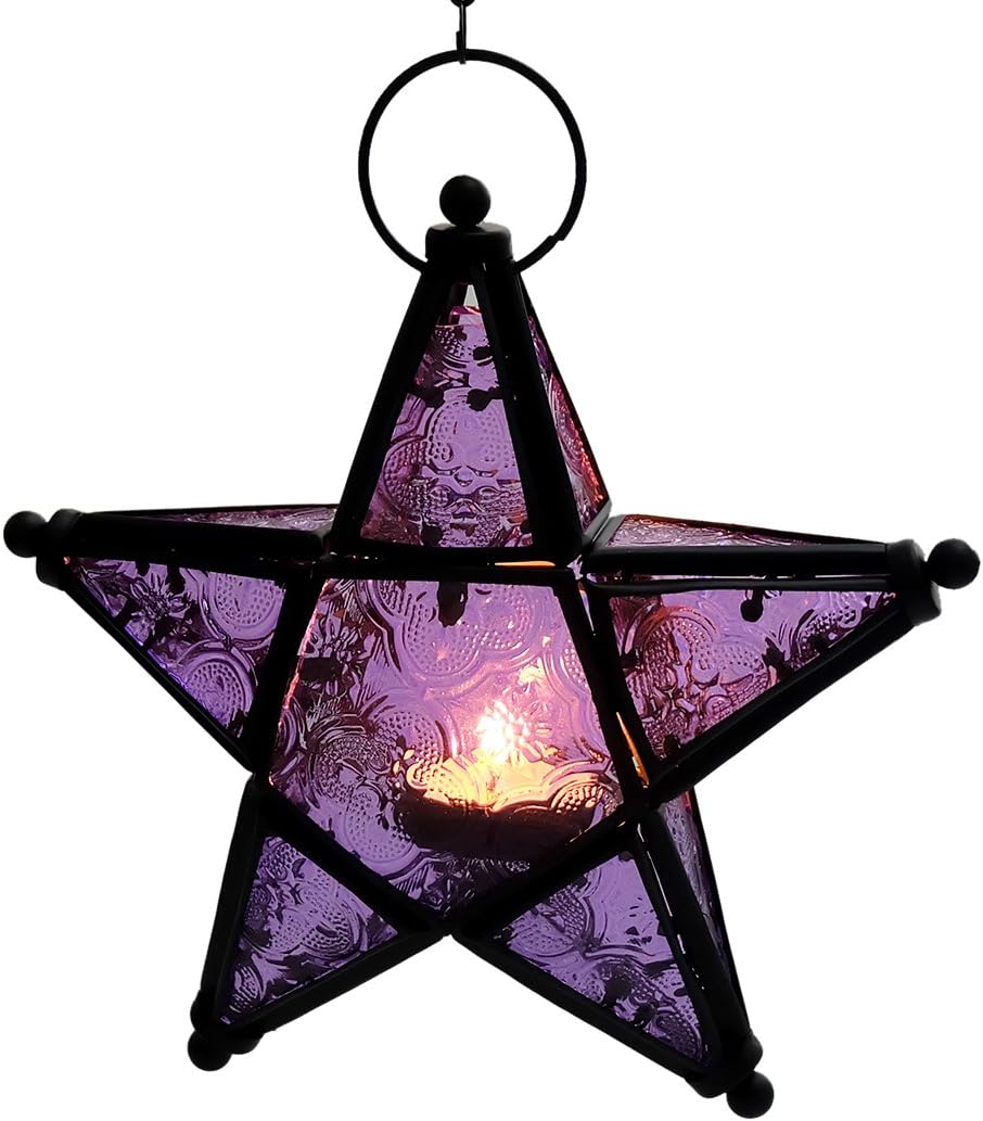 MISHIN Glass Star Shaped Moroccan Lantern Hanging Candleholder with Chain,Purple