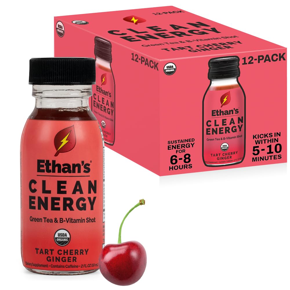 Ethan's Organic Clean Energy Shots Tart Cherry Ginger, 12 Pack of 2oz | 150mg Caffeine | Green Tea, Guayusa, Lion's Mane &amp; Cordyceps | Sugar-Free, Vegan, Gluten-Free, USDA Organic