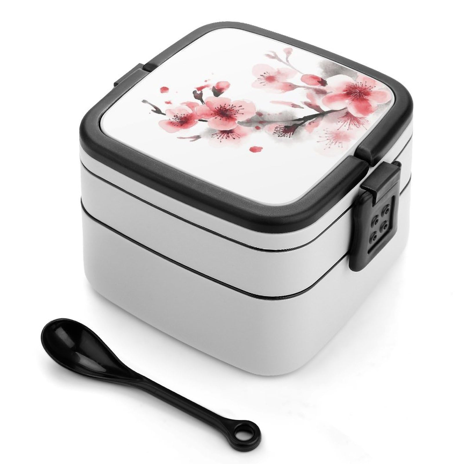 JTREHY Asian Watercolor Pink Cherry Florals Lunch Box Double-Layer Portable Lunch Container Stackable Large Capacity Leakproof Bento Box for Dining Out Work Picnics Travel