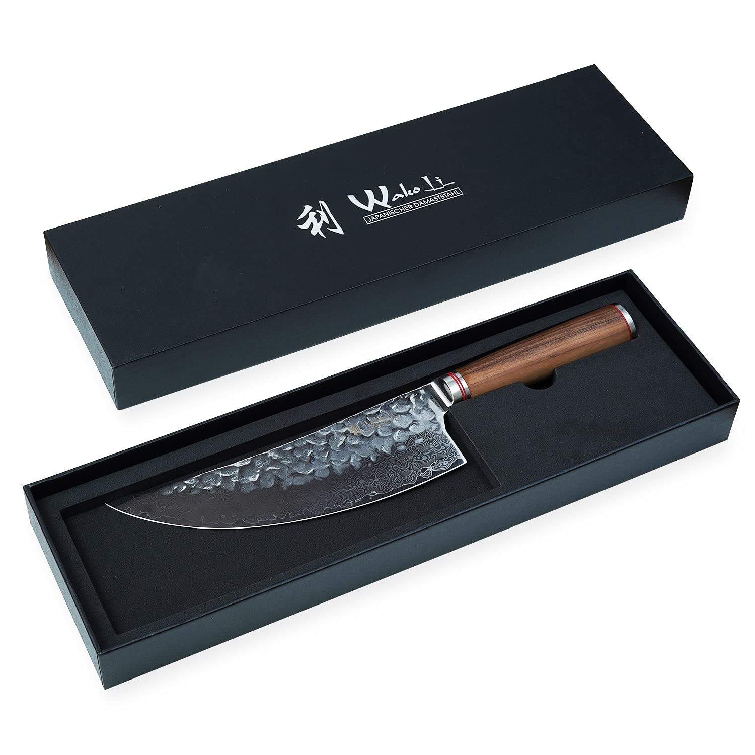 Wakoli Nussbaum Premium Wiegemesser mit 21,5 cm Klinge gefertigt aus 67 Lagen echtem Damaststahl mit Nussbaumholzgriff I Damastmesser Küchenmesser und Profi Kochmesser