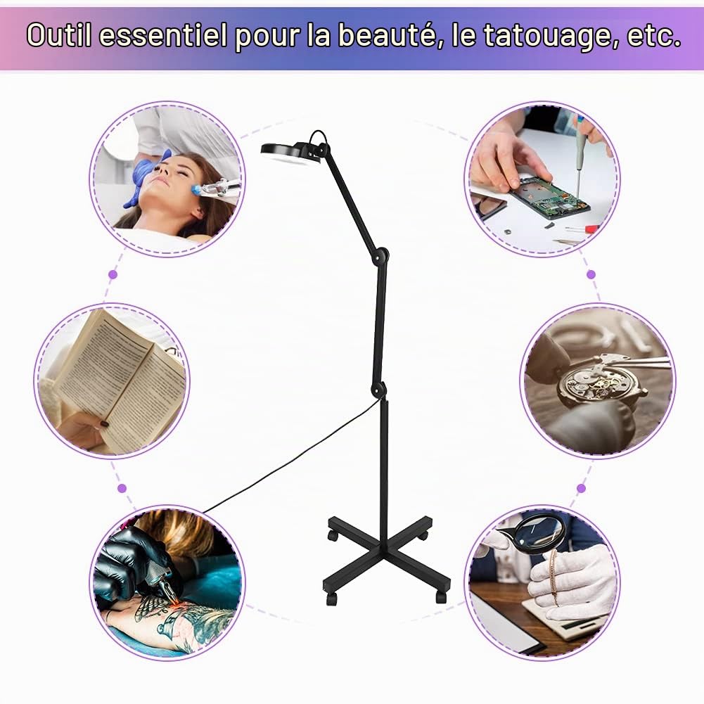5X Lampe Loupe Grossissante LED sur Pied 220-240V Lampe Loupe Esthétique Atelier avec Bras Réglable Pivotant pour Cabinet Médicale, Salon de Beauté, Cliniques, Tatouage, Spa (Noir)