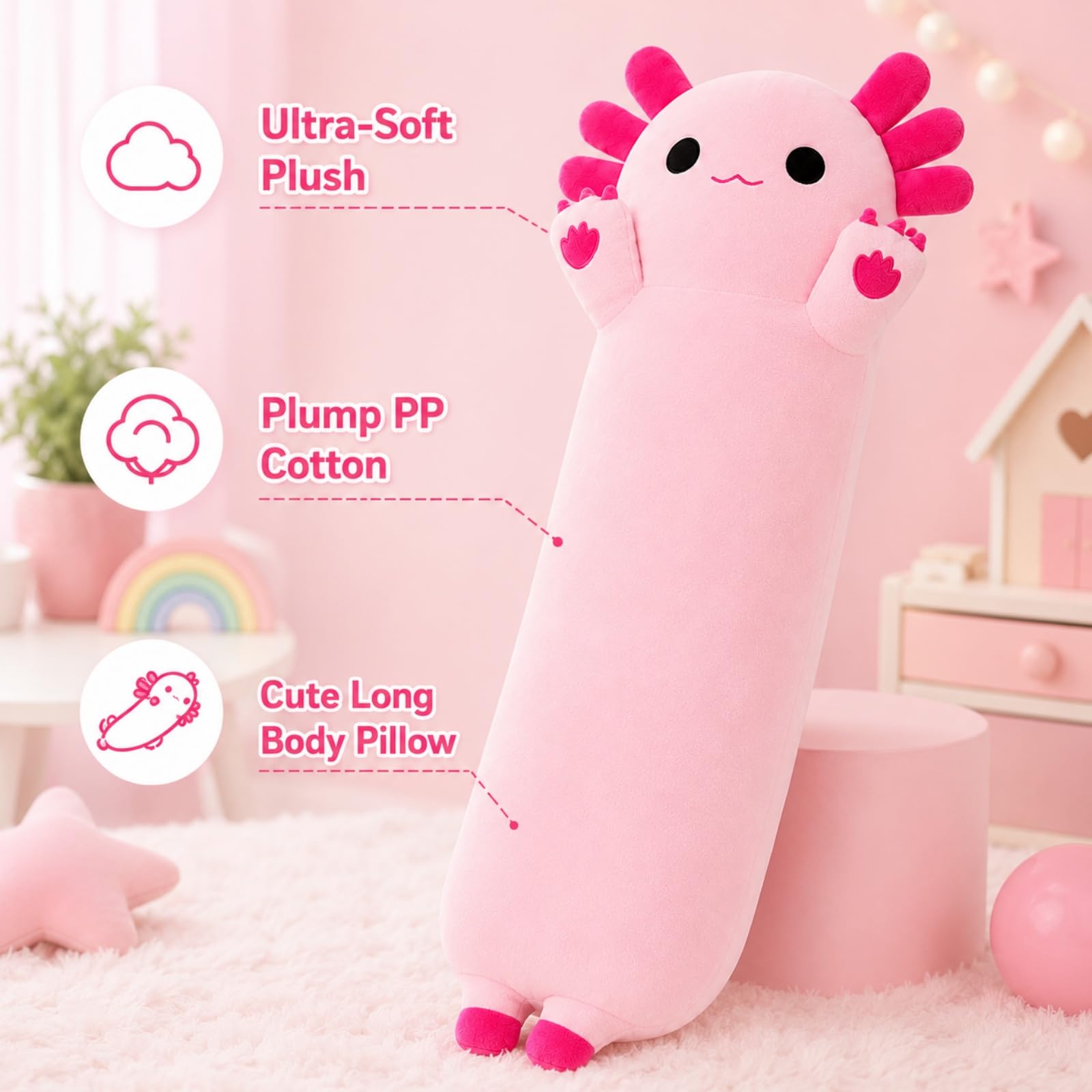 SNOWOLF Gefüllte Axolotl Lange Kissen Plüsch Tier Spielzeug Weiche Kawaii Stuff Kuscheltier Spielzeug Entzückende Umarmung Kissen für Kinder (90cm, rosa)