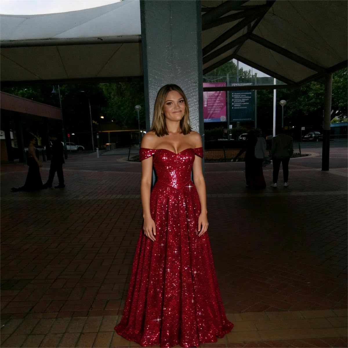 Off The Shoulder Sequin Prom Dresses for Women 2026 Sparkly A Line Long Formal Evening Gown