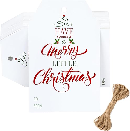 50 etiquetas de regalo de Navidad, 2.1 x 3.3 pulgadas, etiquetas de regalo de Navidad con texto en inglés "Have Yourself a Merry Little Christmas",