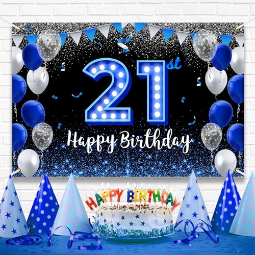 Happy 21st Birthday Backdrop Banner Blue Black Theme Background With Blue Neon Light Shiny Fashion Birthday Party Photo Photography Prop Booth Background for Men Women Celebration 70.8x47.2in-BECKTEN by BECKTEN - Used condition - Image 2