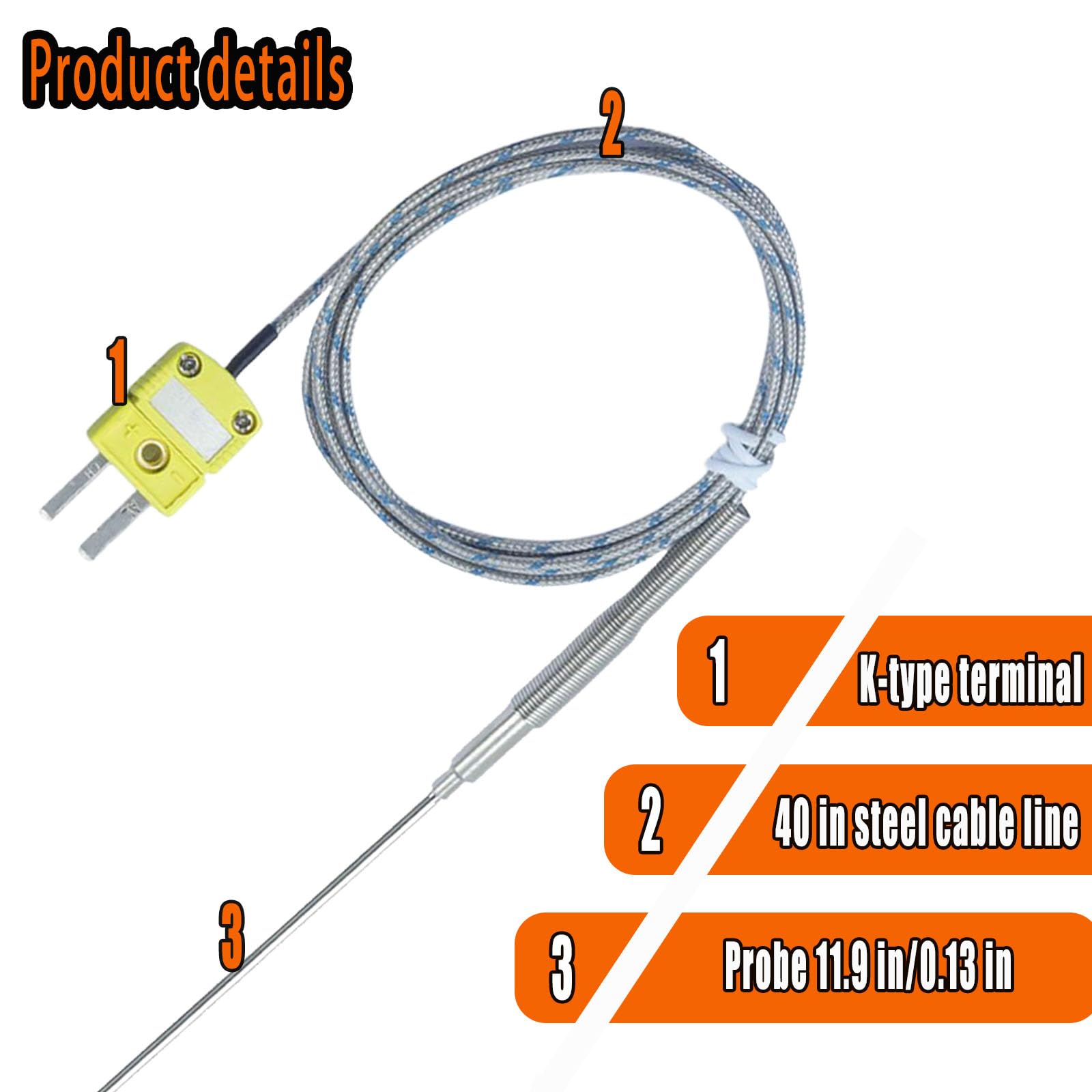 TL1918SL - Sonda de termopar tipo K (2 unidades, cable de 11 pulgadas/0.1 pulgadas, rango de medición de 40 pulgadas, 10 ºC-1250 ºF)