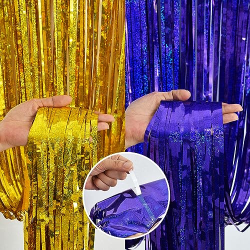 Image of BEISHIDA 4 Pcs Blue and Gold Party Streamers Fringe Foil Curtain Backdrop Tinsel Background Party Decoration for Door Wall Graduation Birthday Wedding Anniversary Party Decoration(3.28 Ft x 8.2 Ft)