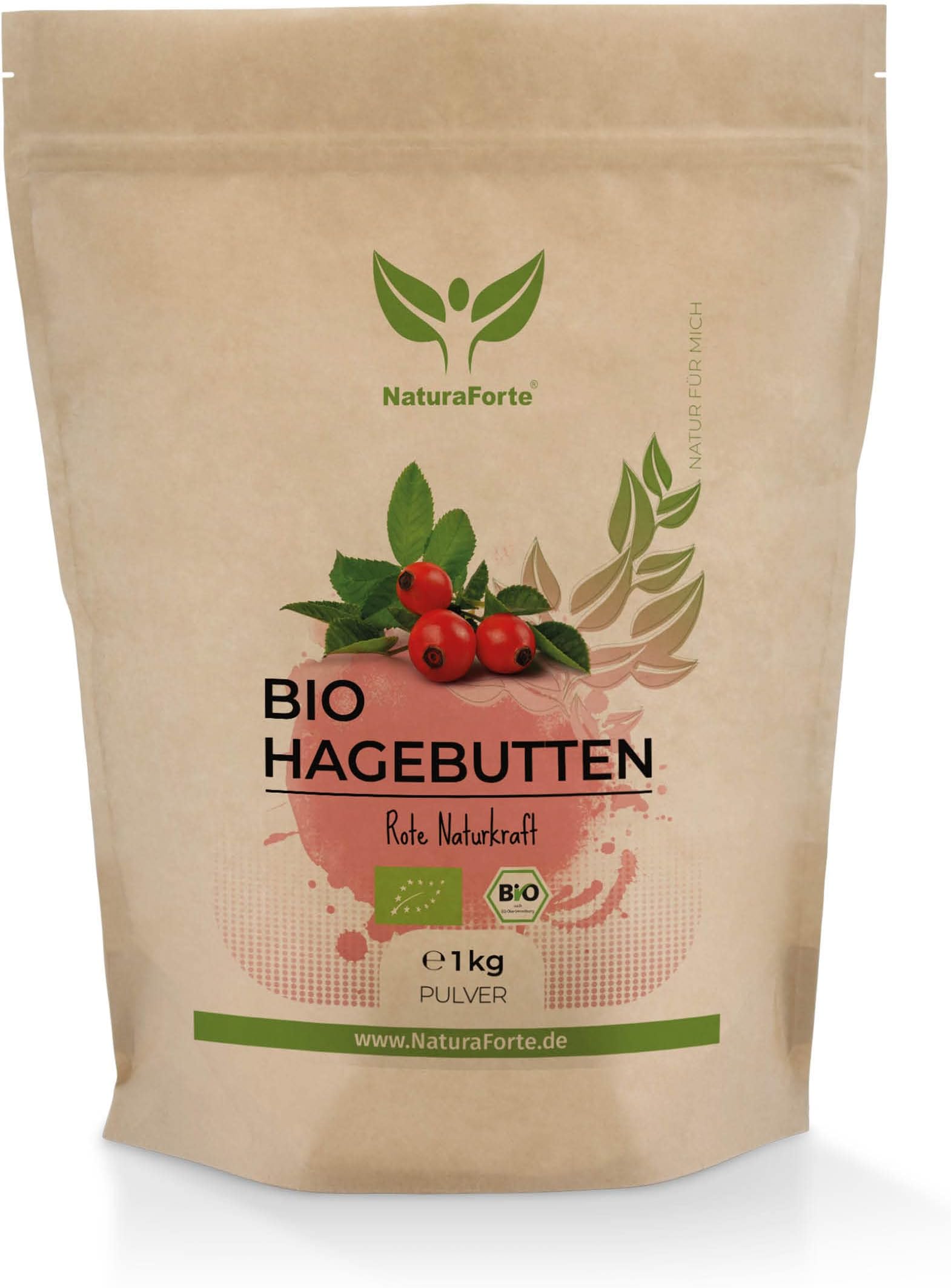 NaturaForte Rose Hip Powder 1kg - Raw Vegetable Quality from Controlled Cultivation, Powder from Whole Rose Hips Ground, Gluten Free, Vegan, No Added Sugar, Biodegradable Packaging