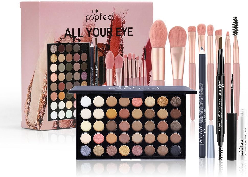 Eyes Makeup Set, Inclusief 40 Kleuren Oogschaduwpalet Eyeliner Wenkbrauwpotlood Mascara en Oogschaduwkwast, Draagbare Reis Essentiële Starter Cosmetica set voor Tienermeisjes Vrouwen, 02A