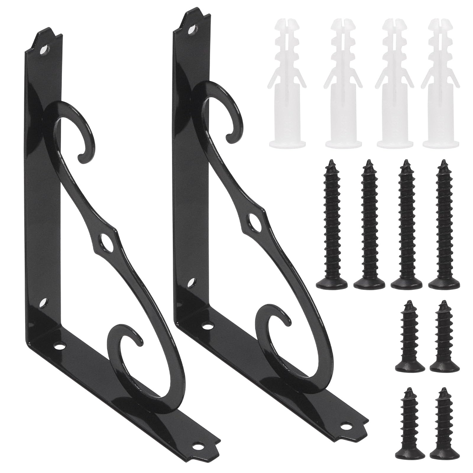 Rustark 2 Pack 8 Inch Black Decorative Shelf Brackets Heavy Duty Wall Mount L Shape Steel Metal Shelf Supporter Triangle Shelf Brackets with Screws for Home Office Easy Assembly