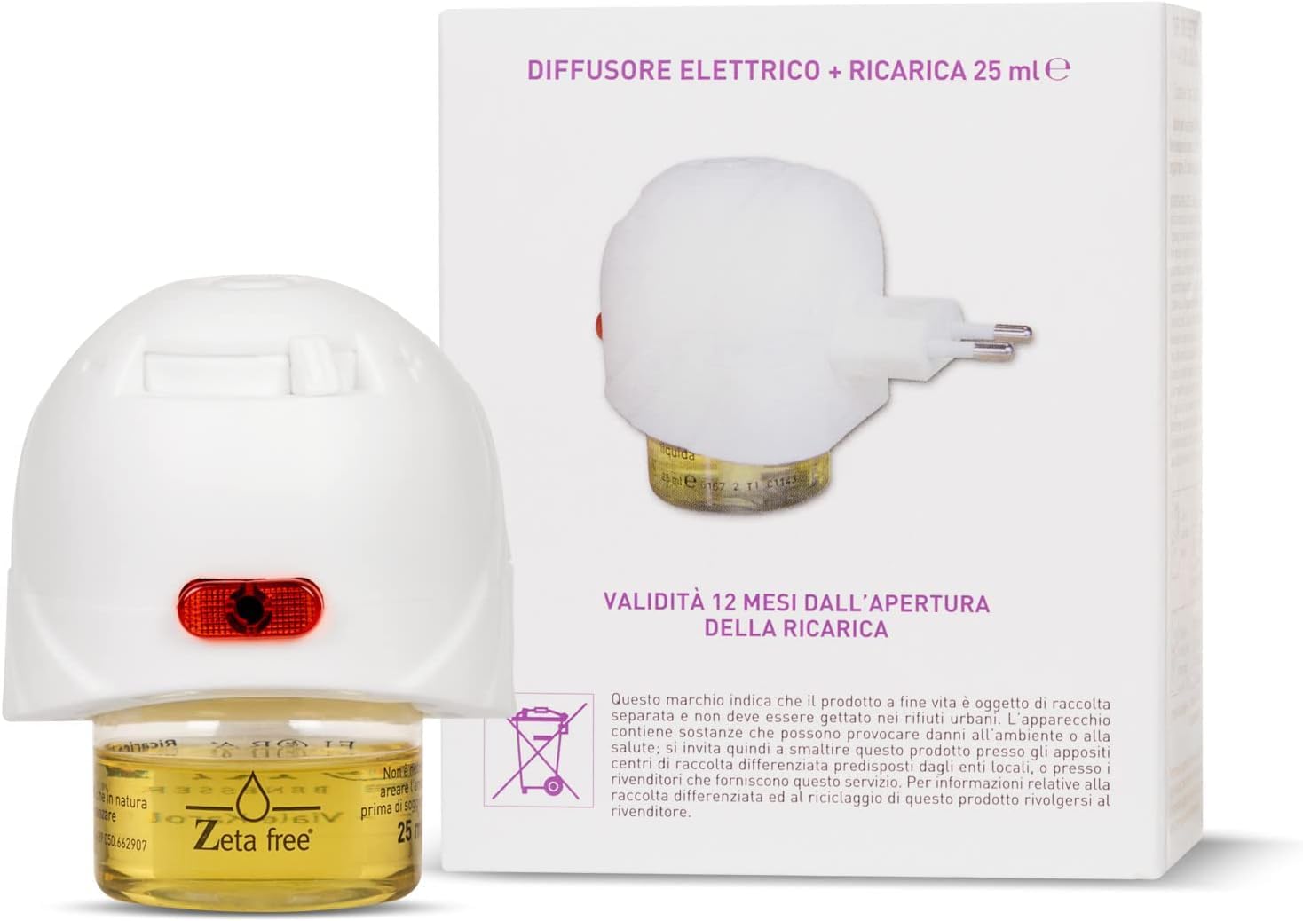 FLORA Diffusore Elettrico Zeta Free + Ricarica 25 ml – Miscela di Oli Essenziali Naturali (Citronella, Geranio, Lavanda, Neem), Profumo Fresco per Interni Poco Gradito agli Insetti, Fino a 30 Not