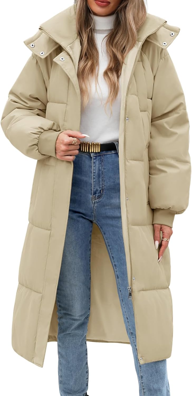 Women's Long Puffer Coat - Warm Winter Quilted Jacket Full Length Zip Up Down Coat Thickened Puffy Parka with Hood