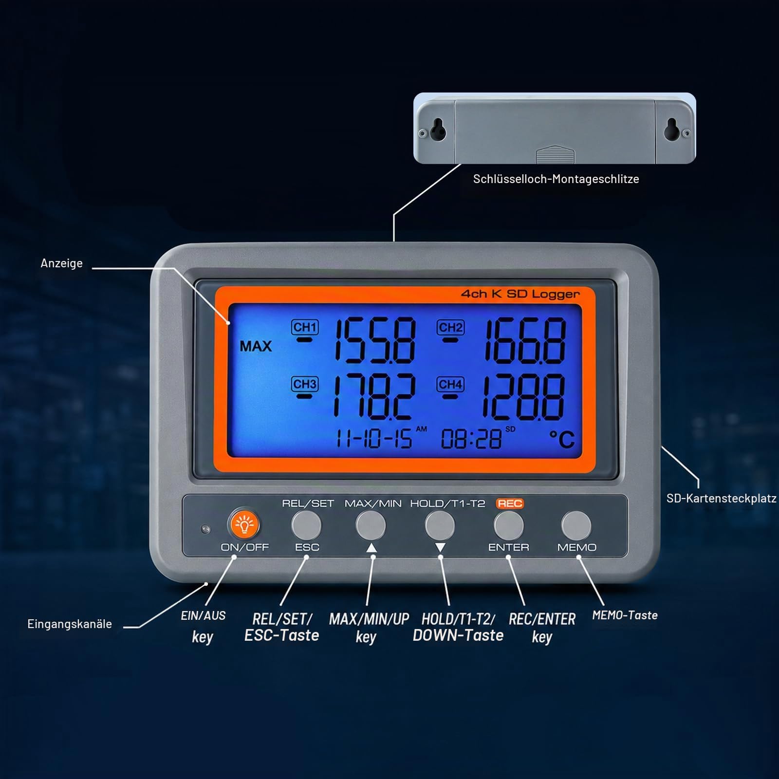 Digitales 4-Kanal-Thermoelement-Thermometer mit SD-Karte, Datenlogger-Funktion, programmierbarer Alarm für hohe/niedrige Grenze, Mehrkanal-Temperatursensor, Temperaturrekorder